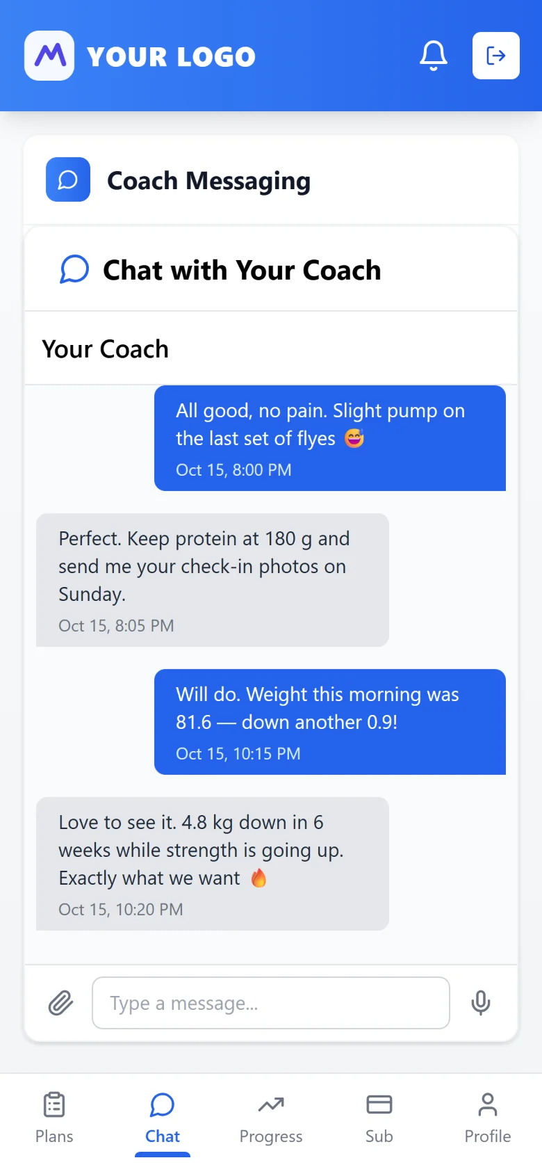 Client app on a phone, chatting with the coach