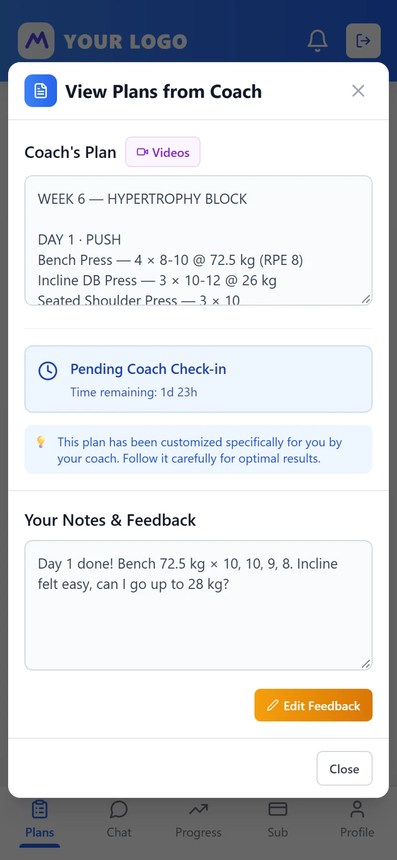 Client plan with check-in countdown and feedback box