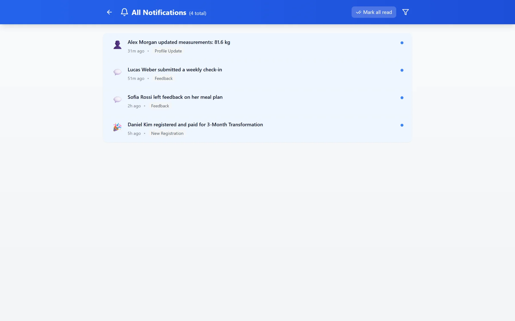 Coach notifications page