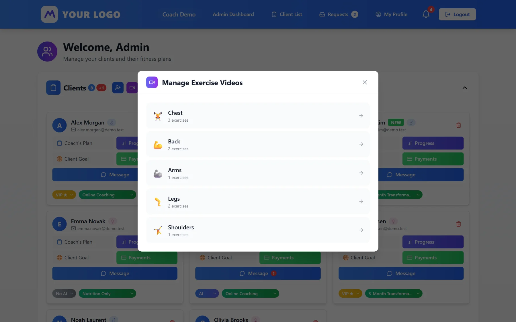 Manage exercise videos panel